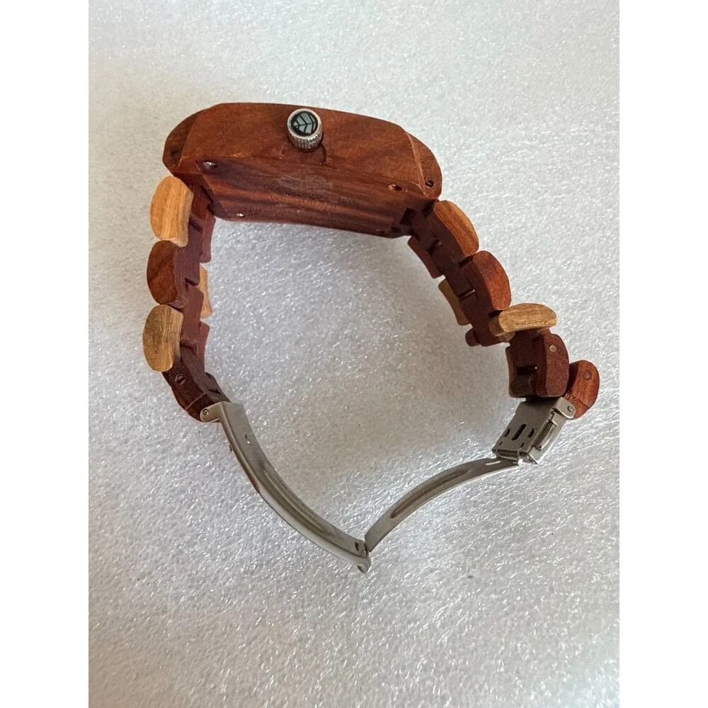 Tense Canada Natural Wood Watch Rectangle Date Dial Two Tone Wooden Links Unisex